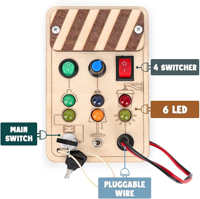 Joyreal Toddler Busy Board, Wooden Montessori Toys for 2 Year Old, Busy Board Toys with LED Light Switch, Sensory Toys Toddler Toys Age 2 Travel Toys for 2+ Year Old Boy