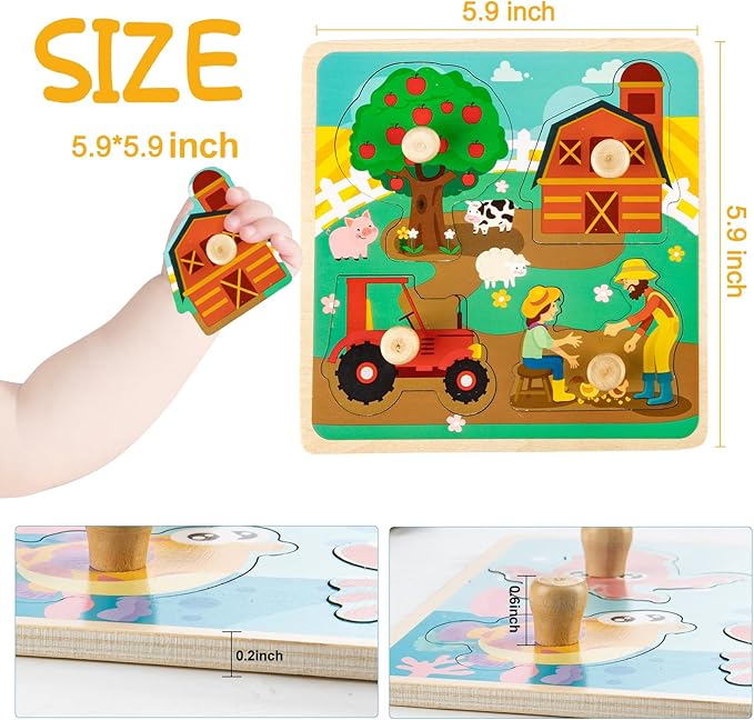Wooden Toddler Puzzles, Funsland Peg Puzzles Gifts Toys, 4 Pcs Eco Friendly Animal Patterns Jigsaw with Handles, Infant Kid Fine Motor Skill Learning Educational Montessori Puzzles for 1 2 3 Years Old