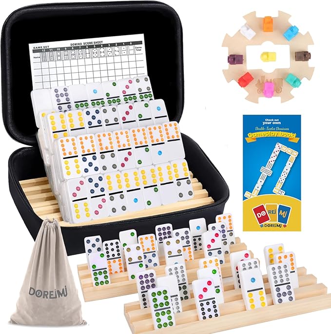 Upgraded Mexican Train Dominoes Set with Wooden Hub and 4 Racks/Trays,Double 12 Dominos Set for Kids, Adults Travel Set with 91 Tiles and Carry Case, Classic Board Games for Family Night
