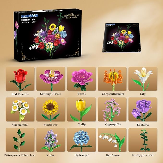 Flower Bouquet Building Set Valentines Day, 18 Flowers Rose Building Block, Botanical Collection Building Block Toy Plant Home Decor 1015 PCS, Gift for Her Adults Women Kids Boys Girls 8-12+