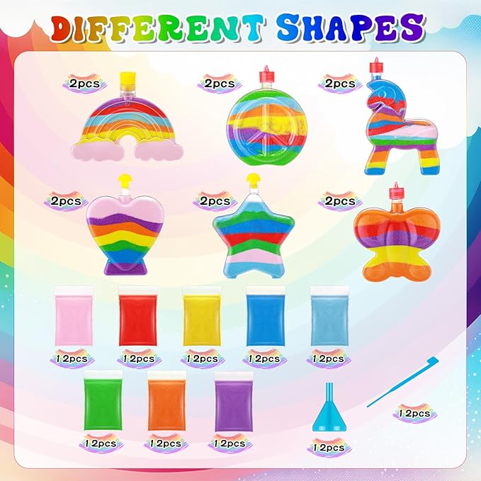 Vertintong 12 Sets Kids Sand Art Activity Kit for Birthday Party Favors Create Your Own Colored Sand Art Includes Sand Bottles with Funnels and Sticks, Bags of Sand for DIY Craft 1960s Party Favors