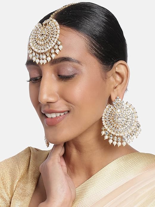 Aheli Ethnic Faux Kundan Drop Pearl Beads Dangle Earrings Maang Tikka Set Bollyood Fashion Jewelry for Women & Girls