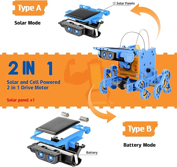 Sillbird STEM 12in1 Solar Robot Toys for Ages 8-13, Solar and Cell Powered Dual Drive Motor DIY Building Science Educational Kit, Gift for Kids 8 9 10 11 12 13 Years Old