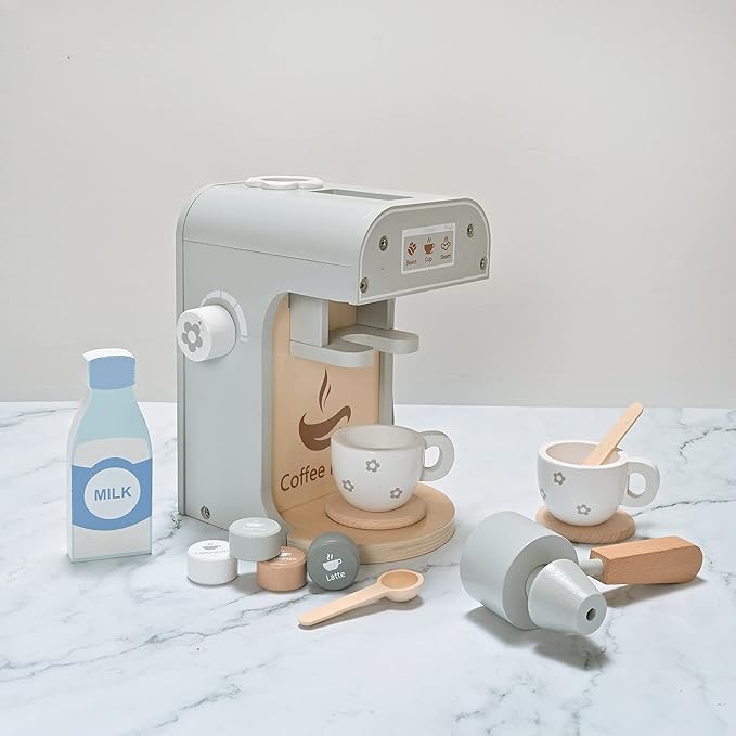 Kids Wooden Toys Toddler Pretend Play Kitchen Accessories Coffee Maker Espresso Machine Playset Montessori Kitchen Toy Gift for Girls and Boys