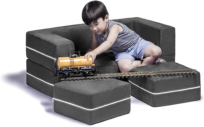 Jaxx Zipline Modular Kids Loveseat & Ottomans/Fold Out Lounger, Charcoal
