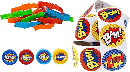 Superhero Party Supply Set: Superhero Sticker Roll (100 Stickers), 24 Piece Superhero Sayings Bracelets, & 24 Plastic Superhero Stampers - Great Addition To Your Superhero Party Supplies & Favors
