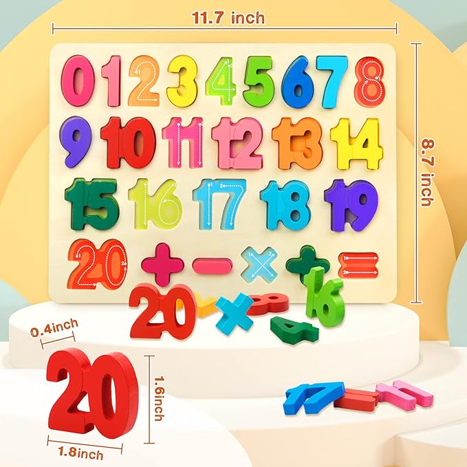 Number Puzzle Wooden Puzzles for Toddlers 1 2 3 4 5 Year Old, Shape Learning Puzzles Toys with Puzzle Board & Number Blocks, Preschool Educational for Girls Boys
