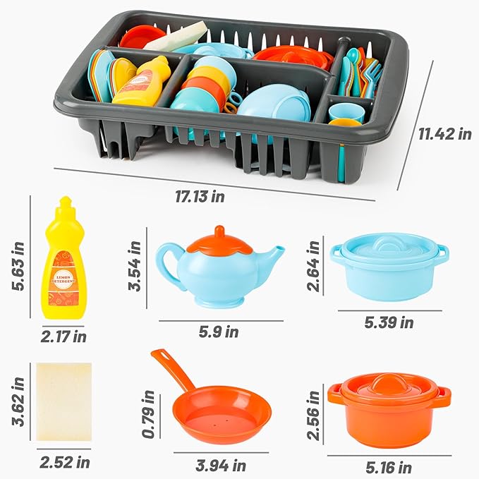 deAO 41PCS Kids Play Dishes Durable Pretend Play Kitchen Set for Kids Children Tableware Dishes Playset with Drainer - Play Kitchen Accessories for Girls Boys Kids
