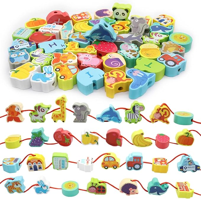 BMTOYS Wooden Lacing Beads Montessori Educationa Threading Learning Toys for 3+ Year Olds Preschool Activities Stringing Toys for Boys Girls