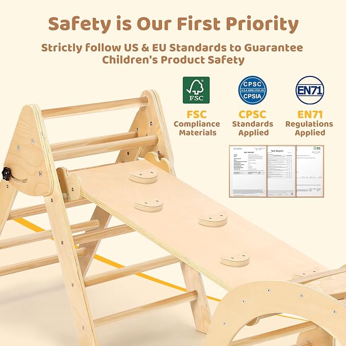 YOLEO 7-in-1 Pikler Triangle Set, Large Wooden Climbing Toys for Toddlers 1-3 Inside, Montessori Fun Toddler Climbing Toys Indoor Playground and Jungle Gyms Playset,Easy-Fold Pikler Triangle (Natural)