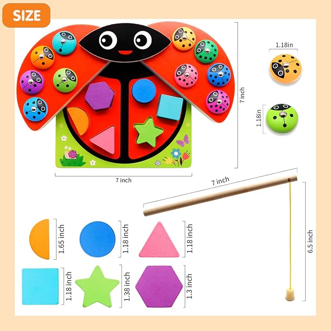 Wooden Ladybug Montessori Toys for 1 2 3 4 Year Old Boy Girl Christmas One 1st Birthday Gift Magnetic Fishing Game for Toddler 1-3 2-4 Educational Learning Number Counting Shape Sorter Sorting