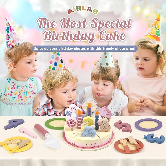 Wooden Birthday Party Cake Play Food Sets for Toddler 2 3 4 5 Year Old Girls Boys Kids Kitchen Accessories Pretend Play Toy Gift Educational Toys
