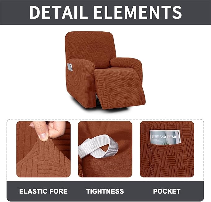 NILUOH Recliner Cover 4 Pieces Stretch Jacquard Recliner Chair Cover with Side Pocket Anti-Slip Fitted Washable Reclining Chair Protector with Elastic Bottom for Kids, Pets, Dogs