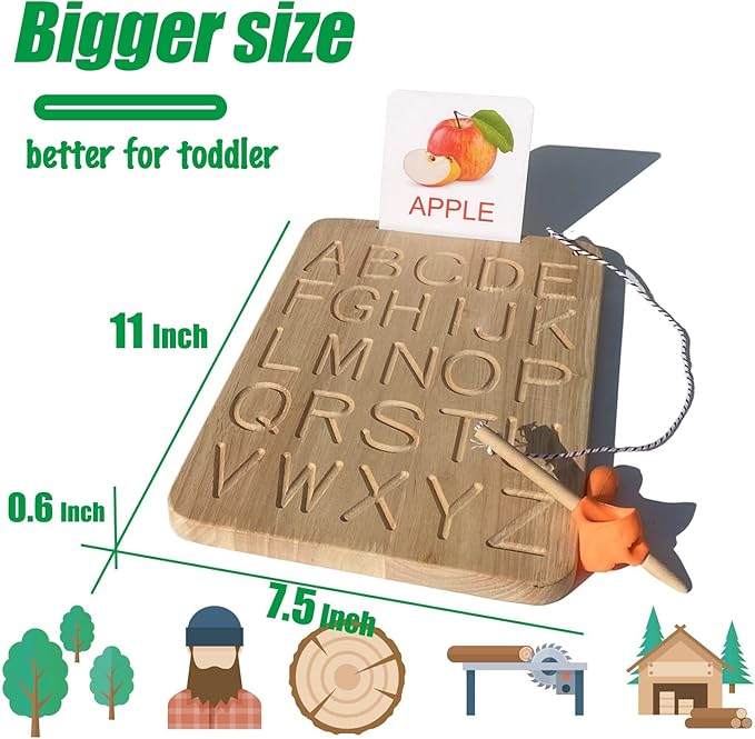Montessori Alphabet Tracing Board, Oak Made Come with 26 Pcs Cards & Pen Grip Toddlers Double-Side Learning Toys ABC 3+ Kids Preschool Practice Materials Letters Writing Homeschool