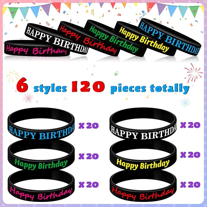 Sratte 120 Pcs Happy Birthday Rubber Bracelets for Kids Stretch Wristbands Bulk Birthday Bracelets for Classroom Student Back to School Gift Teacher Birthday Party Favors Supplies