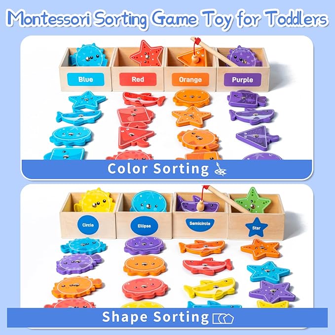 Montessori Toys for Toddlers 1-3,Wooden Magnetic Fishing Game Educational Shape & Color Sorting for Kid 3-5,Boy Girl Preschool Learning Motor Skill Matching Activities Toys for Ages 2-4(Box)
