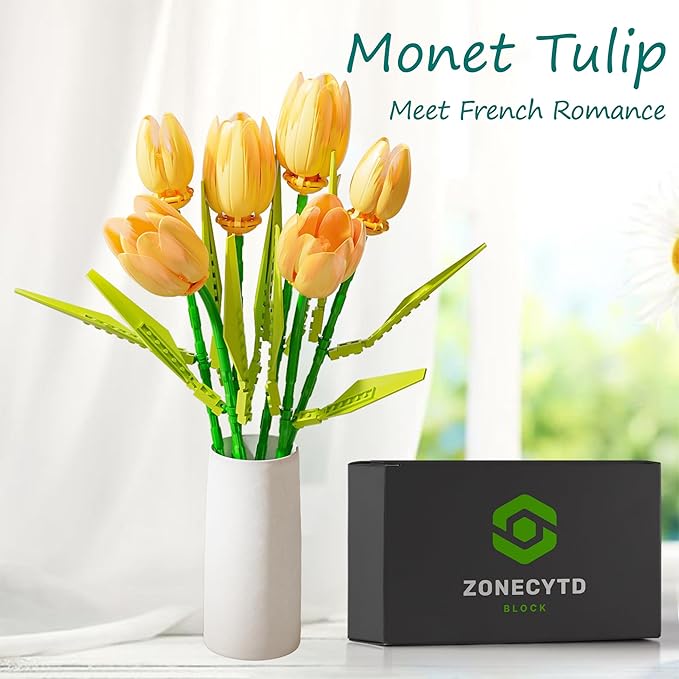 Flower Bouquet Building Toy Set Tulips, Botanical Building Blocks for Adults Home Office Decor Orange Color