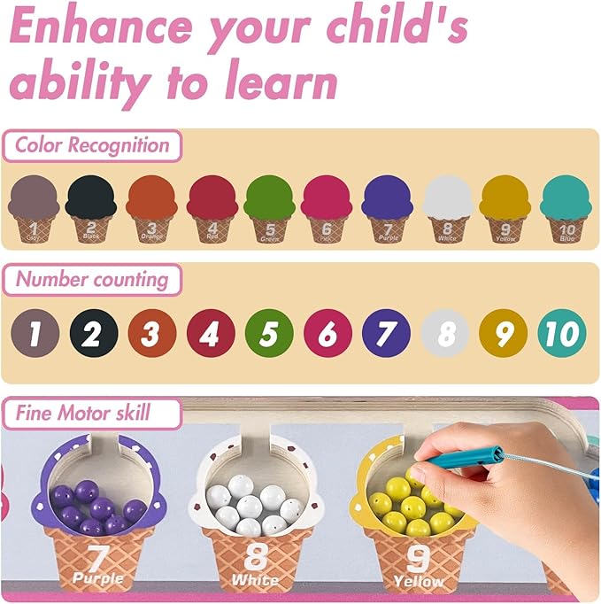 Montessori Toys for 3+ Year Old, Ice Cream Magnetic Color and Number Maze, Wooden Puzzle Activity Board, Learning Educational Toy for Toddler 3 4 5, Toys Idea Christmas Boy Girl