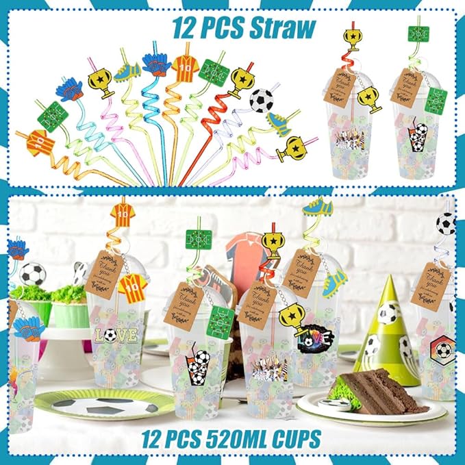 Soccer Party Favors, 172 pcs Birthday Party Supplies contains Cups, Straws, Whistles, Bracelets, Keychains, Stickers, Soft Balls, Tatoo Stickers, Thank You Tags for Sport Themed Birthday Decors