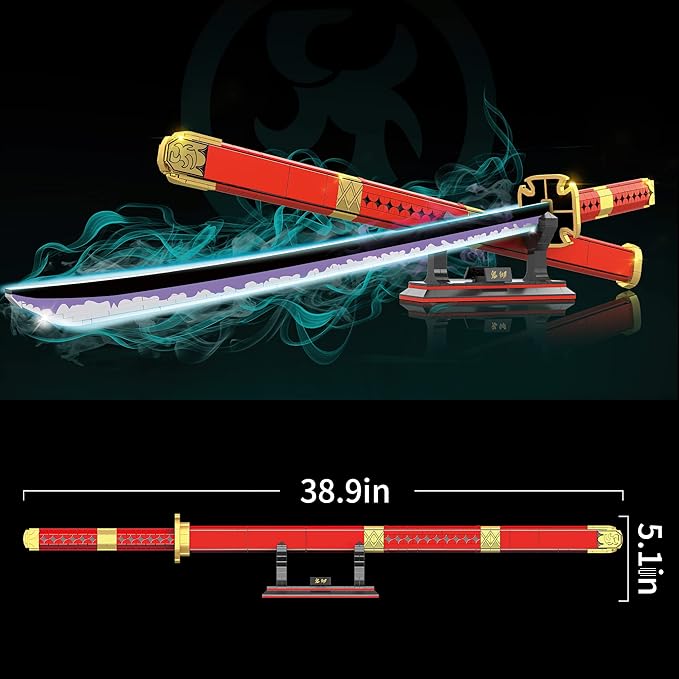 HI-REEKE Cosplay Anime Swords Building Blocks Kit 1 Piece Roronoa Zoro Sandai Kitetsu Yamato Sword Model Samurai Katana Toys for Adult -803PCS Luminous