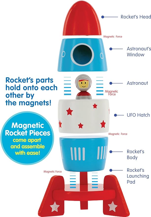 Wooden Stacker Toy Space Rocket - 6 Magnetic Stacking Pieces - Magnet Building Set with Surprise Astronaut Inside, Fun Hands On Game for Kids, All Natural Wood Set, Childrens Interactive Play Gift