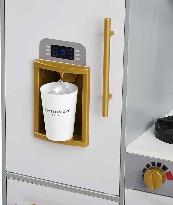 Teamson Kids Little Chef Springfield Play Kitchen with Pretend Ice Dispenser, Magnetic Surface, and 21 pc. Accessory Set, Gray/White