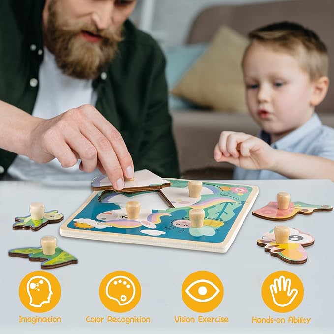 Wooden Toddler Puzzles, Funsland Peg Puzzles Gifts Toys, 4 Pcs Eco Friendly Animal Patterns Jigsaw with Handles, Infant Kid Fine Motor Skill Learning Educational Montessori Puzzles for 1 2 3 Years Old