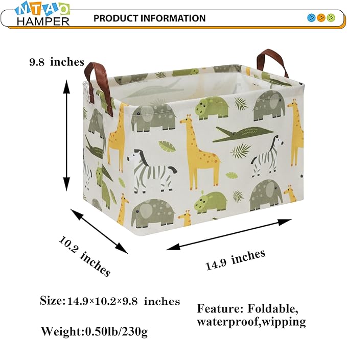 NTAOHAMPER Rectangular Green Storage Basket,Collapsible Gift Basket with Handles,Kids Toys/Books Box,Room Decor(Green Animal)