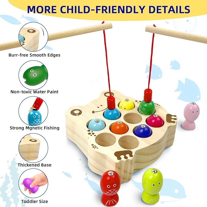 Wooden Magnetic Fishing Game for Toddlers 1-3, Frog Fishing Color Sorting Montessori Sensory Preschool Educational Learning Fine Motor Skills Toys for 3 4 5 Years Old Boys Girls