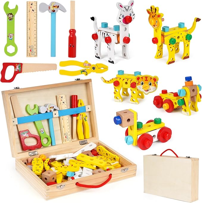 Wooden Kids Tool Set, Toddler Tool Kit with Wooden Toolbox,Construction Set for Kids,Educational DIY Construction STEM Toy, Animal Building Blocks Assembly, Preschool Learning Gift for Boys and Girls