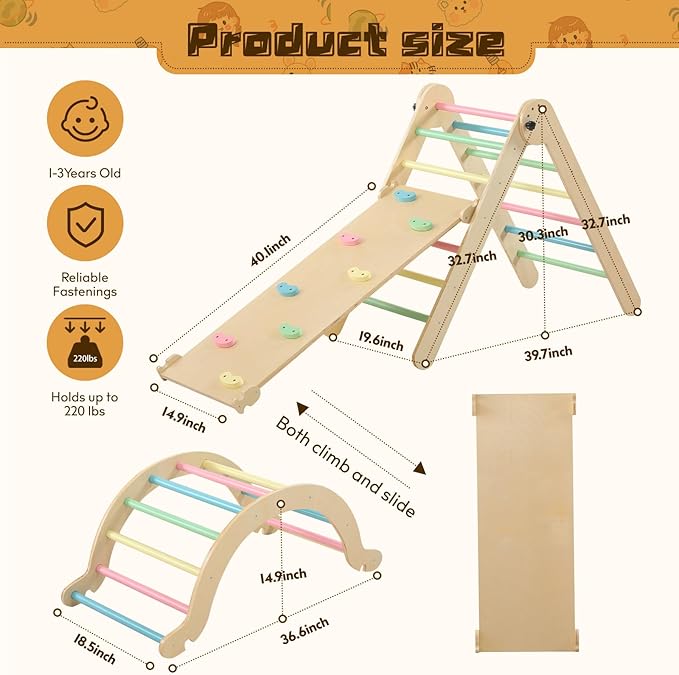Wooden Pikler Triangle Set - 7 in 1 Montessori Foldable Toddler Climbing Toys for Early Learning - Includes Arch, Ramp, and Climbing Triangle - Indoor/Outdoor Playground Equipment for Toddlers