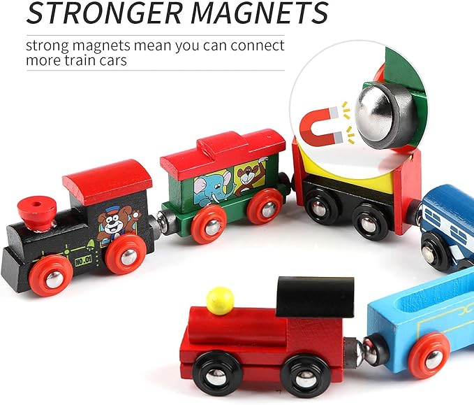Wondertoys Wooden Train Cars 12 PCS Magnetic Train Sets Includes 3 Engines and Storage Bag - Wooden Train Set for Toddlers Compatible with Major Brands Train Set Tracks - Trains for Train Table