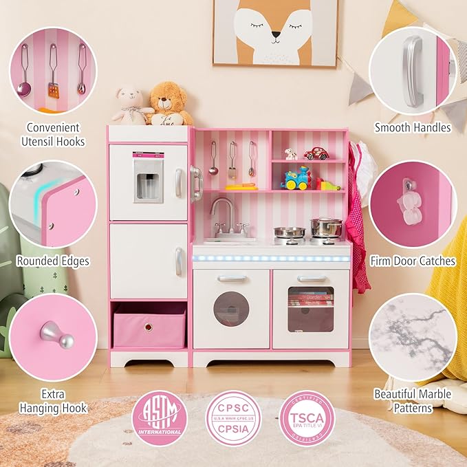KOTEK Play Kitchen with Lights and Sounds, Wooden Toddler Kitchen Playset w/Ice Maker, Washing Machine, 16 Accessories & Stove, Chef Pretend Play Toy Kitchen Set for Kids Girls & Boys Ages 3+ (Pink)