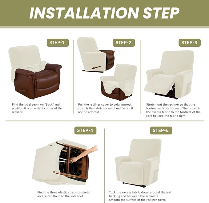 AZON Velvet Stretch Recliner Chair Cover,1-Piece Washable Recliner Couch Cover with Elastic Furniture Protector for Pets, Kids(Recliner, Ivory)