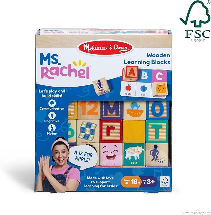 Ms. Rachel Melissa & Doug Letter, Number, and Game Wooden Learning Blocks with Activity Cards for Girls and Boys Toddlers Ages 18 Months+ - FSC-Certified