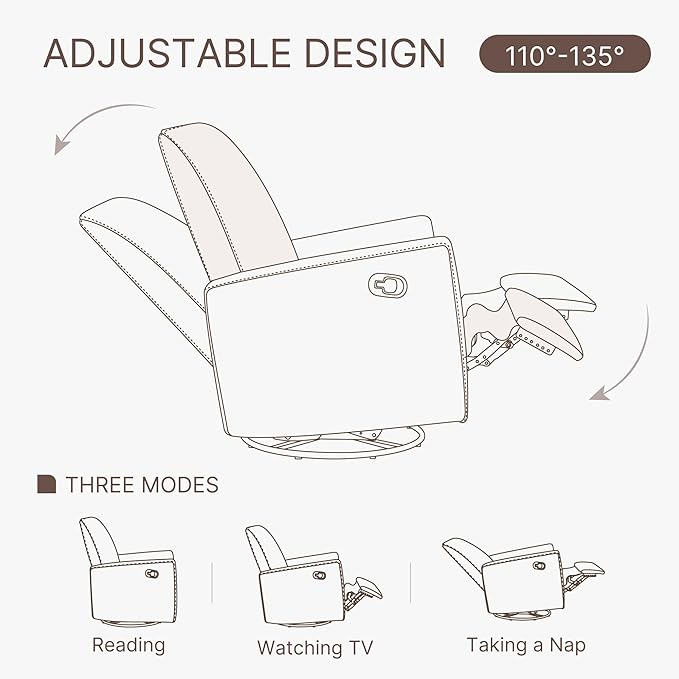 Upholstered Recliner Swivel Glider Nursery Chair Reclining Performance Fabric Rocker with Metal Base,Basketweave,Oat