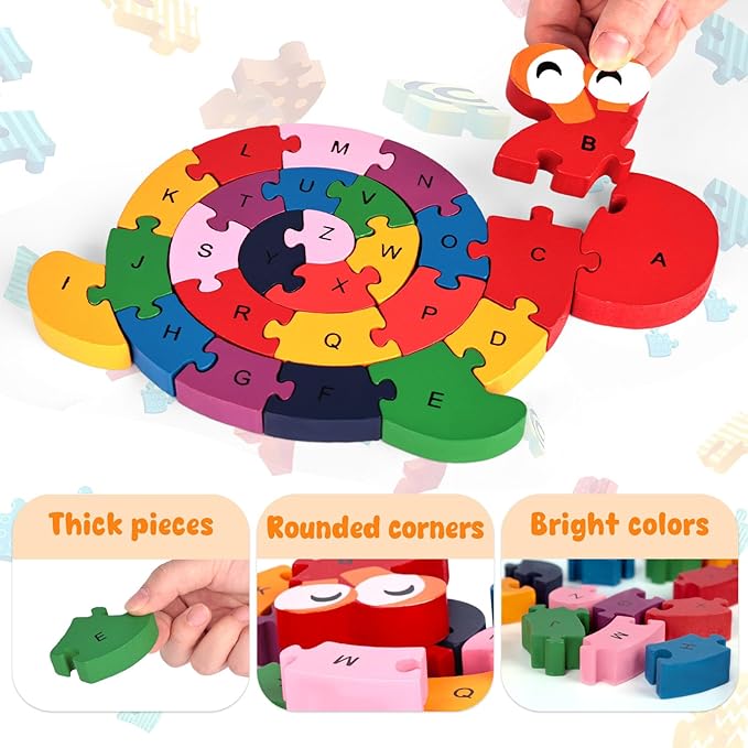 LovesTown Alphabet Jigsaw Puzzles, Wooden Snail Letters Numbers Block Toys, Building Blocks Wooden Puzzles for Kids Educational Learning