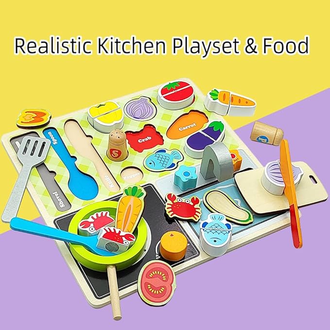 Wooden Play Food Sets for Kids Kitchen Toys Kitchen Playset Accessories Early Education Toys for 3 4 5 6 7 8 Years Old Girls and Boys Gifts (Kitchen Cooking)