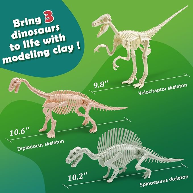 Drama Planet Air Dry Clay Dinosaur Craft Kit for Kids, Build and Design Your Own Dinosaurs with Modeling Clay, 3 Dinosaur Fossil Skeletons, Gifts for Boys and Girls Ages 6 & Up