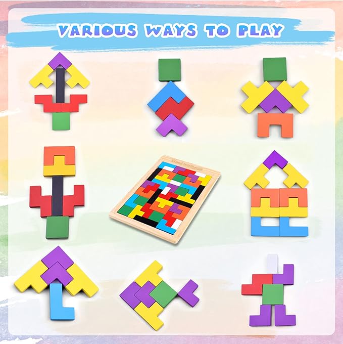 FFTROC Wooden Puzzles for Kids Ages 4-8 8-10 Thick Colorful 3D Russian Blocks and Brain Teaser Tangram Jigsaw STEM Intelligence Toys Educational Gift for Toddlers 3 4 5 6 7 Years Old Boys Girls