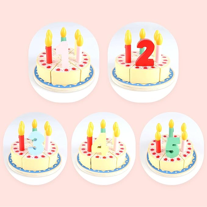 Wooden Cutting Birthday Cake Toys,Birthday Fake Cake Toy with Candles and Numbers, Pretend Play Food Set ,Montessori Tea Party Toys Learning Kitchen Toys for Boys Girls 1-6 Years