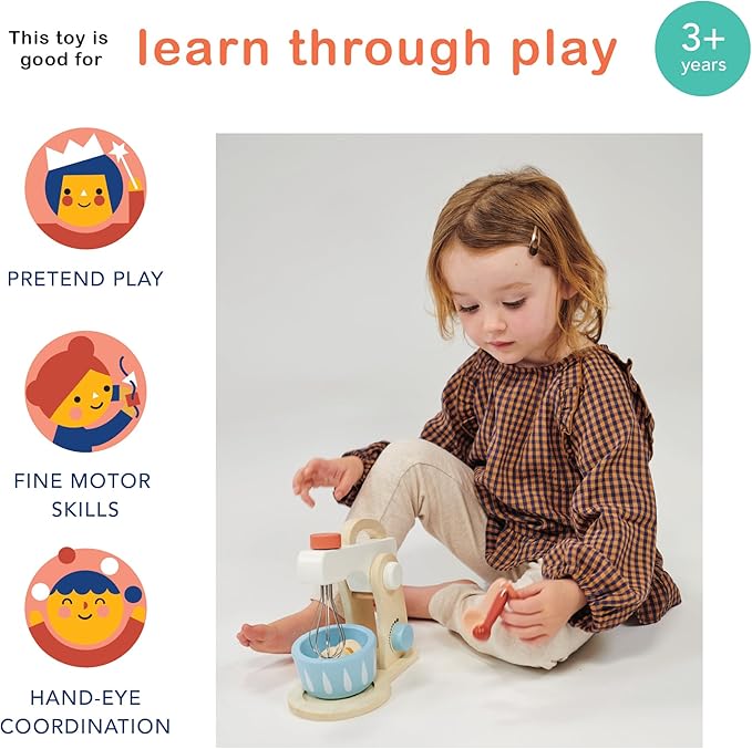 Mentari Toys - Cake Mixer - 7pc Wooden Baking Play Set - Pretend Play Kitchen Accessory with Bowl, Rotating Whisk, Egg and Measuring Spoons - Encourages Role Play and Fine Motor Skills - Age 3+