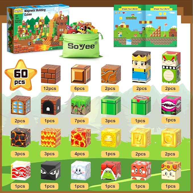 Soyee Magnetic Blocks - Build Mine Magnet World Kids Games Magnetic Building Toys Kingdom & Lava World Adventure 1'' Magnetic Cubes STEM Toys Christmas Birthday Gifts for 3+ Years Old Boys Girls