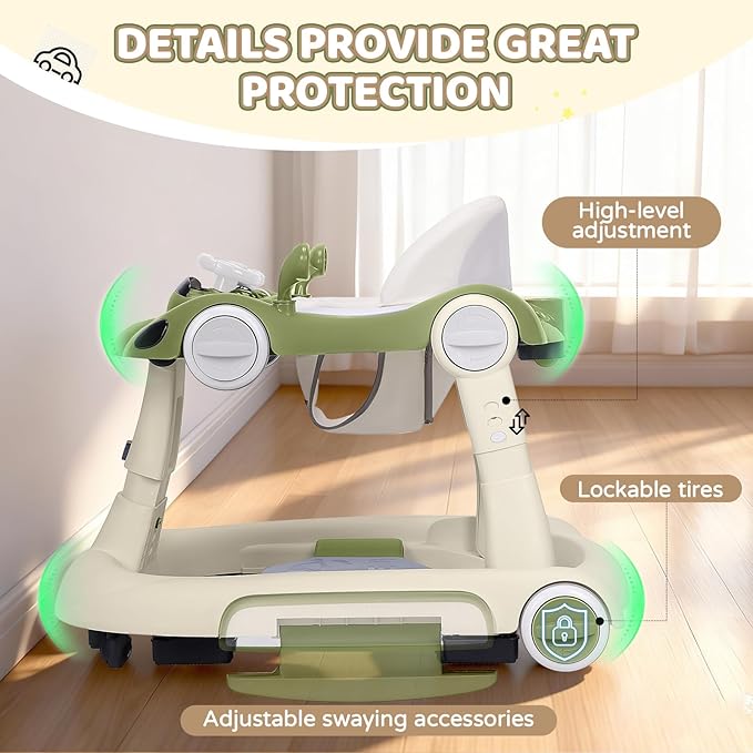 Baby Walker with Wheels, 5-in-1 Foldable Infant Toddler Walker for Boys Girls 6-18 Month, Music Walker for Baby with Car Steering Wheel &Removable Footrest,Baby Push Walker Green