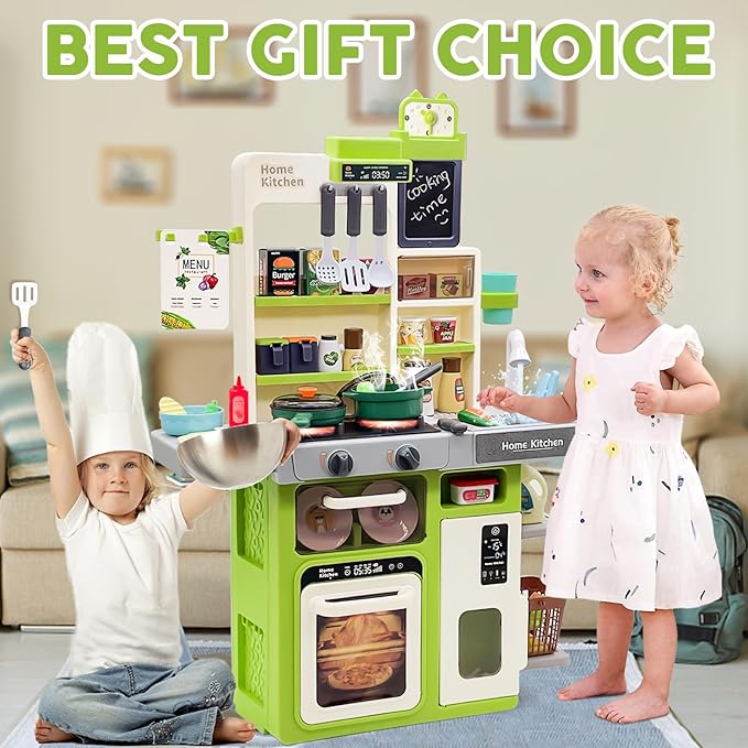 Kids Kitchen Playset, Pretend Kitchen Toys for Toddlers with 63 Pcs Toy Kitchen Accessories, Realistic Lights & Sounds, Spray, Play Sink, and Play Food - Kitchen Set for Girls Boys Aged 3 4 5+ (Green)