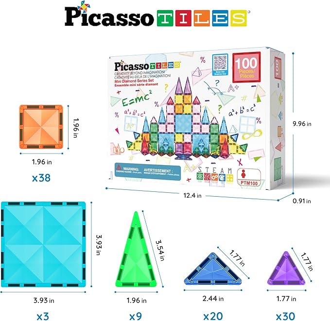 PicassoTiles 100 Pieces Magnetic Tiles Building Blocks Mini Size Diamond Series Magnet Toys Travel Size On-The-Go Construction Sensory Toys Gifts Educational Set STEM Learning Kit Playset PTM100
