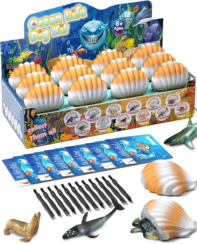EARTH'SCODE Ocean Animals Dig Kit, Seashell Excavation Dig Bricks, Science Educational Gift for Kids