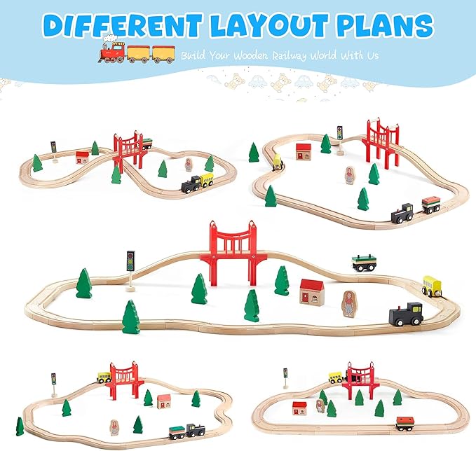 39 Pcs Wooden Train Tracks Set for Toddler, Wooden Toy with Magnetic Trains, Railway Set Christmas Toys, Compatible with All Major Brands for Girls & Boys 3-7 Years Old