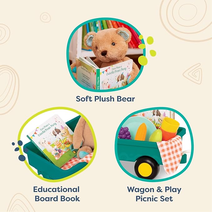 B. Toys- Happyhues - Cara-Mellow Bear Playset- Plush Bear with Picnic Play Set-Board Book – Wagon & Play Food – 18 Months +