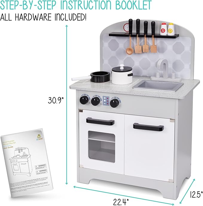 Lil' Jumbl Kids Pretend Kitchen Playset, Pretend Wooden Play Kitchen Toy, Realistic Setup, Includes Pot & Pan, 4 Utensils, Salt & Pepper Shaker, Gray